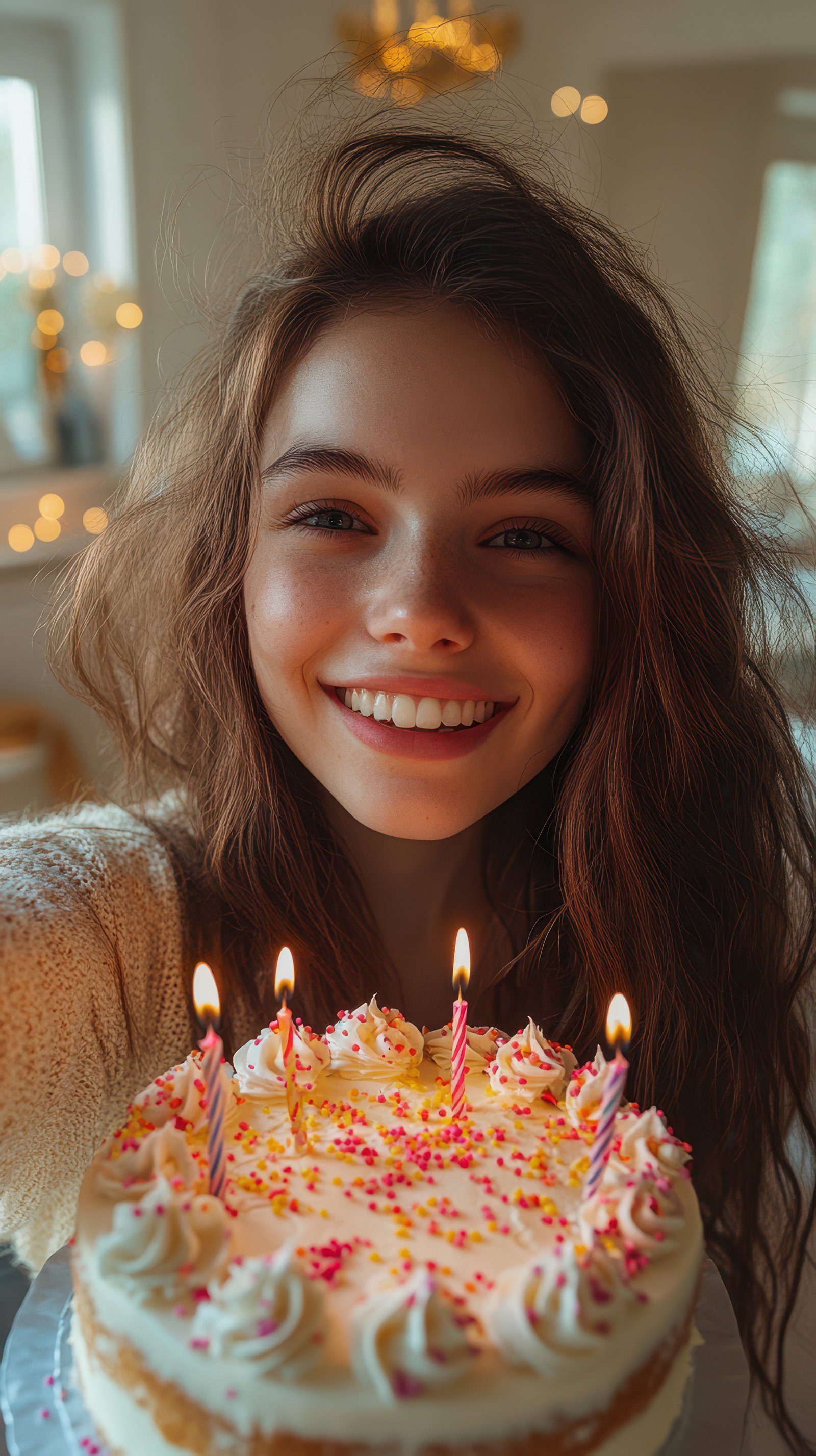 Smiling young woman celebrates birthday with a colorful cake and candles in cozy indoor setting